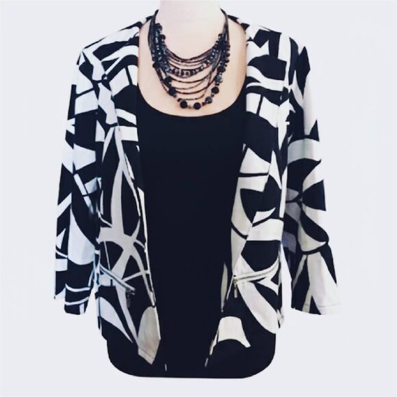 Chico's Black White Geo Print Open Front Quarter Sleeve Cotton Stretch Jacket L - Picture 5 of 13